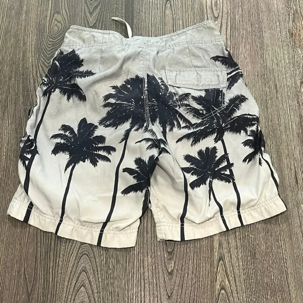 American Eagle Mens AE77 Swim Trunks Board Shorts Palm Trees Gray Blue Size 30